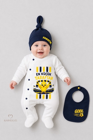 Babyden's Sarı Lacivert Taraftar Temalı 3'lü Bebek Tulum Seti %100 Pamuk En Küçük Taraftar Baskılı Yenidoğan Bebek Tulum Seti