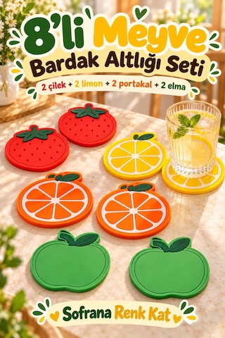 8'li Meyve Desenli Bardak Altlığı Seti Çilek Limon Portakal Elma Kahve Fincan Altlığı Masa Aksesuarı Çok Renkli