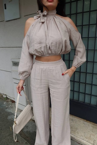 Kechi Woman Tensel Kumaş Kol Dekolteli Crop Bej