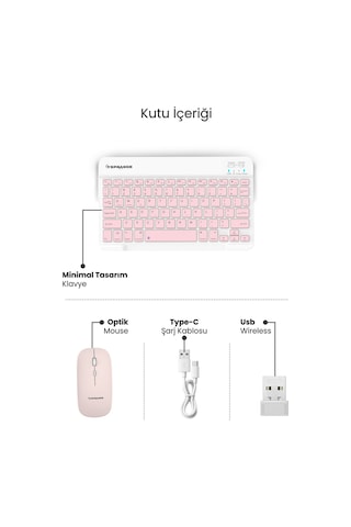 Tablet Ve Telefonlar İçin Bluetooth - Wireless Klavye Ve Mouse Set - Pembe Diğer
