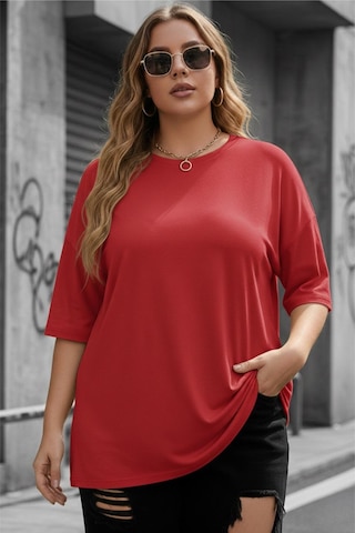 Mily Kadın Büyük Beden Battal Basic Bisiklet Yaka Pamuklu T-shirt Rahat Kesim Unisex Sevgili Kombini Kırmızı