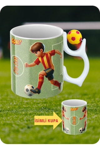 Sarı Kırmızı Futbol Toplu Sarı Kırmızı Forma Oyunculu Taraftar İsimli Baskılı Kupa Bardak Beyaz