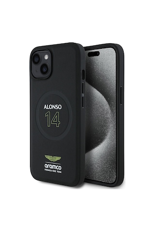 Apple Uyumlu iPhone 15 Kılıf Aston Martin Lisanslı M-safe Şarj Özellikli Pu Deri Alonso 14 Baskılı Kapak Siyah