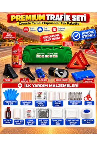 Trafik Ve İlk Yardım Seti Tüvtürk Muayene Uyumlu Ce Belgeli Abc 1kg Yangın Söndürücü Ve E Belgeli Reflektör-yeşil