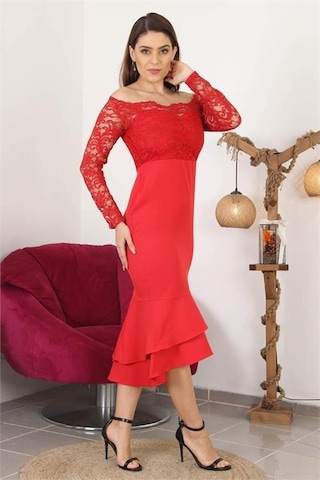 Dipmoda Kadın Yeni Sezon Eteği Kat Kat Dantel Detaylı Midi Abiye Elbise Swll03 Kırmızı