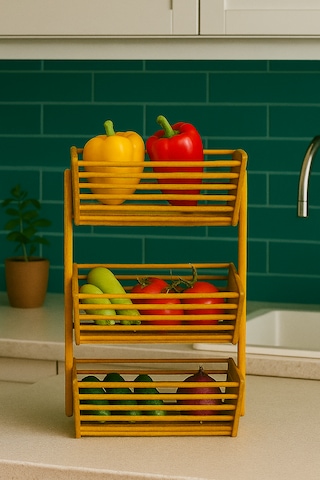 Bambu 3 Katlı Sebzelik Doğal, Şık Ve Fonksiyonel Mutfak Düzenleyici 32 28,5 67 Cm Bambu