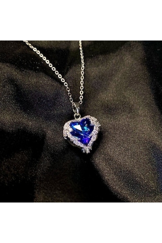 Gümüş Renk Sf Zincirde Mavi Kalp Gezegen Vip Solmaz Kararmaz Çelik Kolye Gümüş