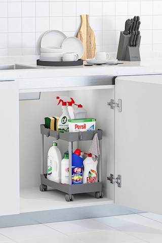 Gri 2 Katlı Tekerlekli Düzenleyici Mutfak Ve Banyo Rafı
