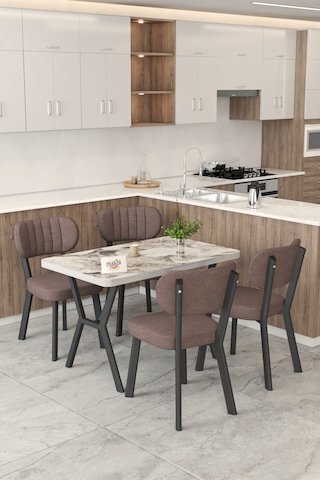 Gnr 70x110cm Sabit Efes Mutfak Masası Takımı, Yemek Masası, 4 Modern Kahverengi Sandalye Kahverengi