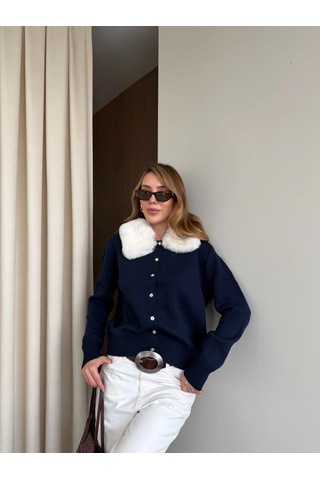 Laluvia Lacivert Yakası Kürklü Hırka - 261002 Lacivert