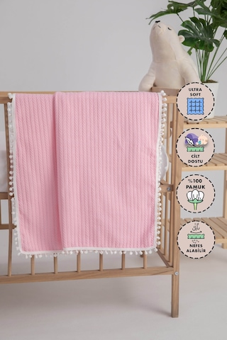 %100 Pamuk Cherry Bebek Battaniyesi Pamuklu Pike 100x120 - Pembe