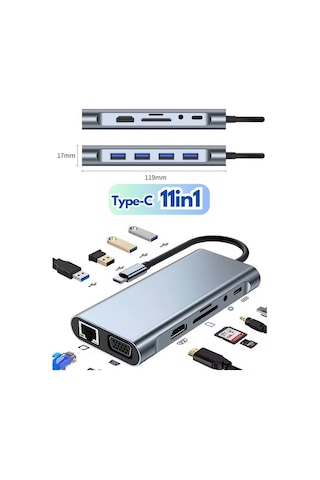 Alfalink Type-c To Usb 11in1 Çevirici Çoğaltıcı Hub Adaptör Lan+type-c+sd Card+usbx4+audio+hdmı+vga