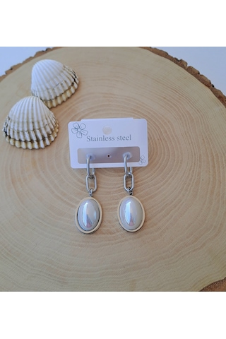 Sedef Taş Detaylı Sallantılı Çelik Küpe Gümüş