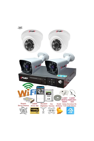 Fury 4 Kameralı 5mp 3.6mm Lens 2mp Görüntü 6 Atom Led Gece Görüşlü Full Hd Güvenlik Kamerası 251412 500gb