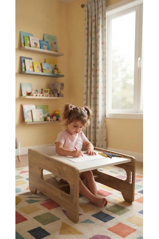 Pema Home %100 Mdf Montessori Çocuk Öğrenme Kulesi Merdiveni Oturaklı Çizim Masası Kahverengi