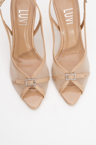 Luvishoes Luvi Shoes Elyse Bej Rugan Fileli Kadın Yüksek Topuklu Abiye Ayakkabı Bej
