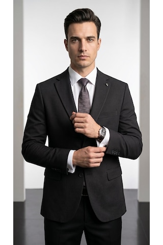 Plus Scorpion Ck 142 Slim Fit Mikro Desenli Erkek Ceket Yazlık Pike Kumaş Çift Yırtmaç Blazer Siyah
