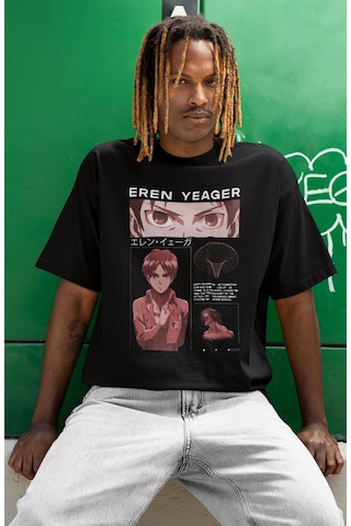 Sevbano Tasarım Eren Yeager Baskılı Unisex Oversize Attack On Titan Anime Siyah