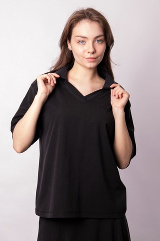 Kadın Yumşak Dokulu Esnek Kumaş V Yaka Yakalı Düşük Omuzlu Dirsek Boy Kollu Oversize Bluz-siyah Siyah