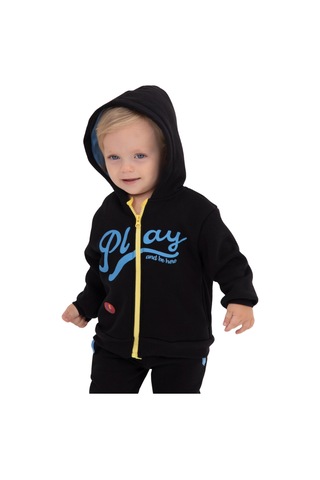 Play Baskılı Fermuarkı Kapüşonlu Erkek Takım Siyah