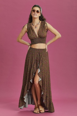 Derin Ön Yırtmaçlı Fırfırlı Çiçekli Çingene Etek 001