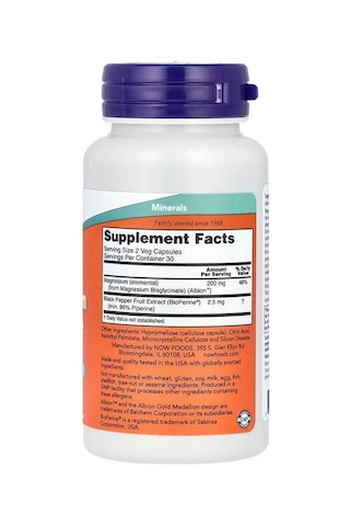 Now Foods Magnesium Glycinate With Bioperine Nervous System Support 60 Veg Capsules