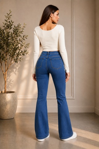 Woddi Kadın Lacivert Jeans Solmayan Yüksel Bel Likralı Toparlayıcı İspanyol Kot Pantolon