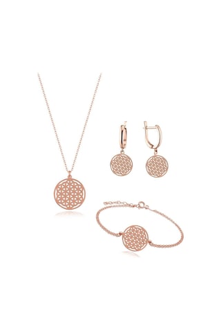 Brezza Lusso Jewelry Rose Gold Gümüş Yaşam Çiçeği Kadın Kolye Küpe Bileklik Seti