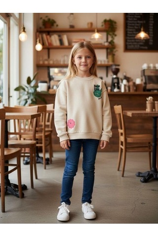 Kız Çocuk Pamuklu Tavşan Desenli İnce Uzun Kollu Sweatshirt-16335 KREM