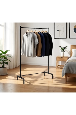 Modern Metal Elbise Askısı - Konfeksiyon Tipi Ayaklı Askılık - Siyah
