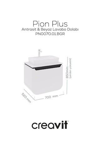 Creavit Pion Plus Lavabo Dolabı 70 Cm Mat Beyaz - Antrasit Mat Beyaz