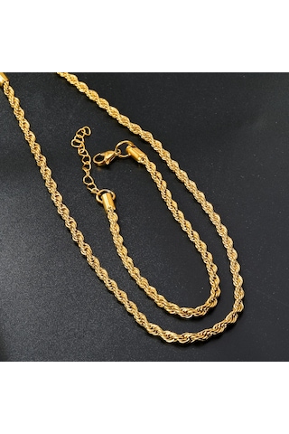 Çelik Takı Seti Bileklik Kolye İnce Burgu Zincir Model 3 Mm Kalınlık 17-55 Cm Uzunluk Altın Sarısı Gold