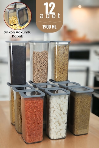 Jumbo Boy Silikon Kapaklı Erzak Bakliyat Saklama Kabı Kare Saklama Kutusu Seti 12 Adet 1900