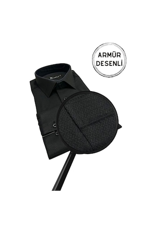 Dicotto Siyah Armür Desenli Rahat Kesim Uzun Kol Erkek Gömlek Tek Cepli Klasik Regular Fit 001