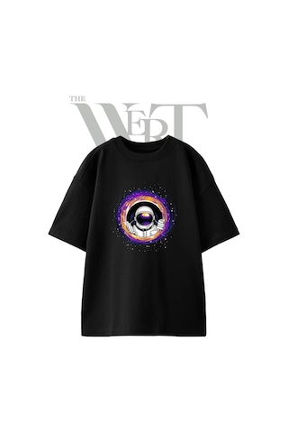 Thewert Astronot Kara Delik Tasarım Baskılı Ünisex Siyah Oversize T-shirt