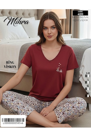 Mihra Kadın Viskon V Yaka Kısa Kol Kapri Likralı Pijama Takımı 40111bo - 1 Adet Bordo
