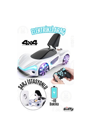 Oyuncak Uzaktan Kumandalı Şarjlı Elektrikli Araba 4x4 Şarj İstasyonlu Led Işıklı Sesli Müzikli Rc Beyaz