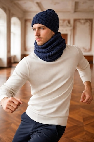 Gönülden Tasarım El Örgüsü Yumuşak Yün Erkek Bere Boyunluk Takım Unisex Lacivert