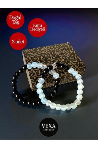 Yin Yang Temalı Oniks Ve Opal Çift Bileklik Seti Sevgili & Arkadaşlık Kombini Kutu Hediyeli Çok Renkli