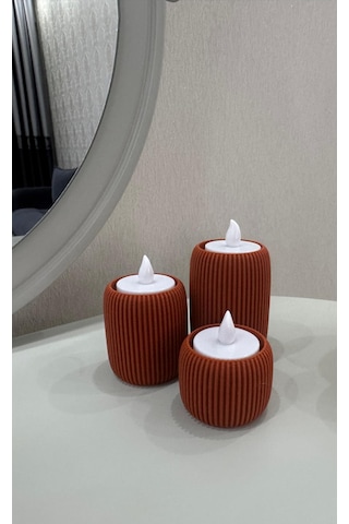 3 Lü Tealight Mumluk Seti Dekoratif Modern Silindir Tasarım-lüks Tasarım- Dekoratif Işık Seti Kahverengi