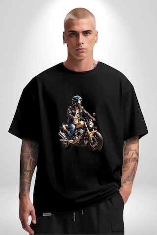 Kask Motorsiklet Dünya Turu Pamuklu Bisiklet Yaka Unisex Oversize Boyfriend Dijital Baskılı Siyah T-shirt Siyah