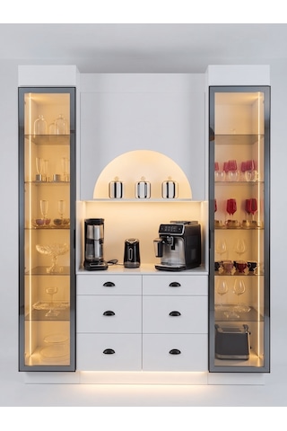 Lüks High Gloss Mutfak Dolabı & Kahve Köşesi Mdf Gövde, Led Aydınlatmalı, 6 Çekmeceli 190x230 Beyaz