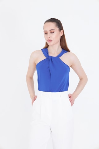 Mavi Boyundan Baglamalı Dökümlü Kumas Şık Bluz Mavi