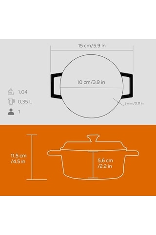 Metal Döküm Mini Tencere, 10 Cm, 0.35 L Hacim, Turuncu 12v