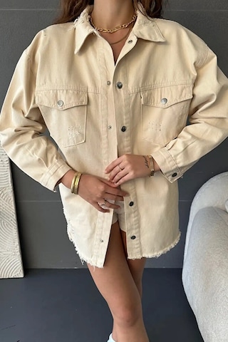 Moda Nido Çift Cepli Yırtık Detaylı Oversize Gömlek Ceket Çok Renkli
