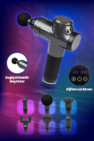 Thomax Masaj Tabancası 6 Başlıklı Profesyonel Masaj Aleti Siyah