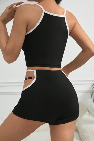 Epilons Zenviaatt2 Kadın Siyah Beyaz Şortlu Cut-out Detaylı Gecelik Takımı Zenvi312