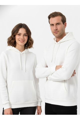 Süvari Oversize Geniş Kesim Pamuklu Yumuşak Dokulu Içi Polarlı Basic Kapüşonlu Sweatshirt Beyaz