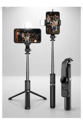 Bluetooth Kumandalı Tripodlu Işıklı Selfie Stick - Uzatılabilir, Apple Uyumlu iOS & Android Black