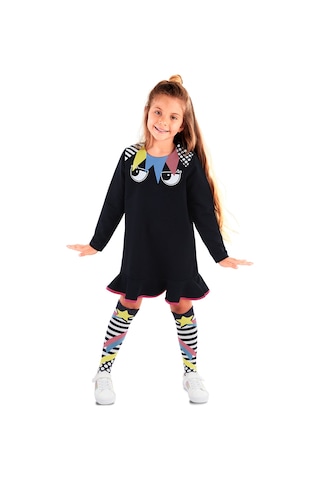 Denokids Siyah Perçem Kız Çocuk Uzun Kollu Elbise ve Çorap